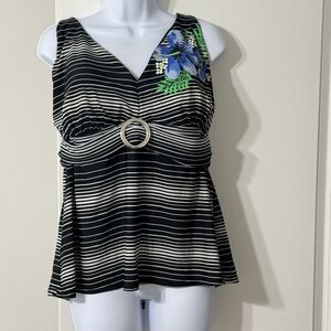 Addition Elle Black & White Striped Tankini Top | Floral Design | XL